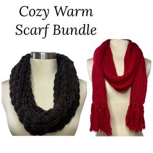 Winter Scarf Bundle Aeropostale Red Tassel Wrap Scarf & Old Navy Brown Infinity